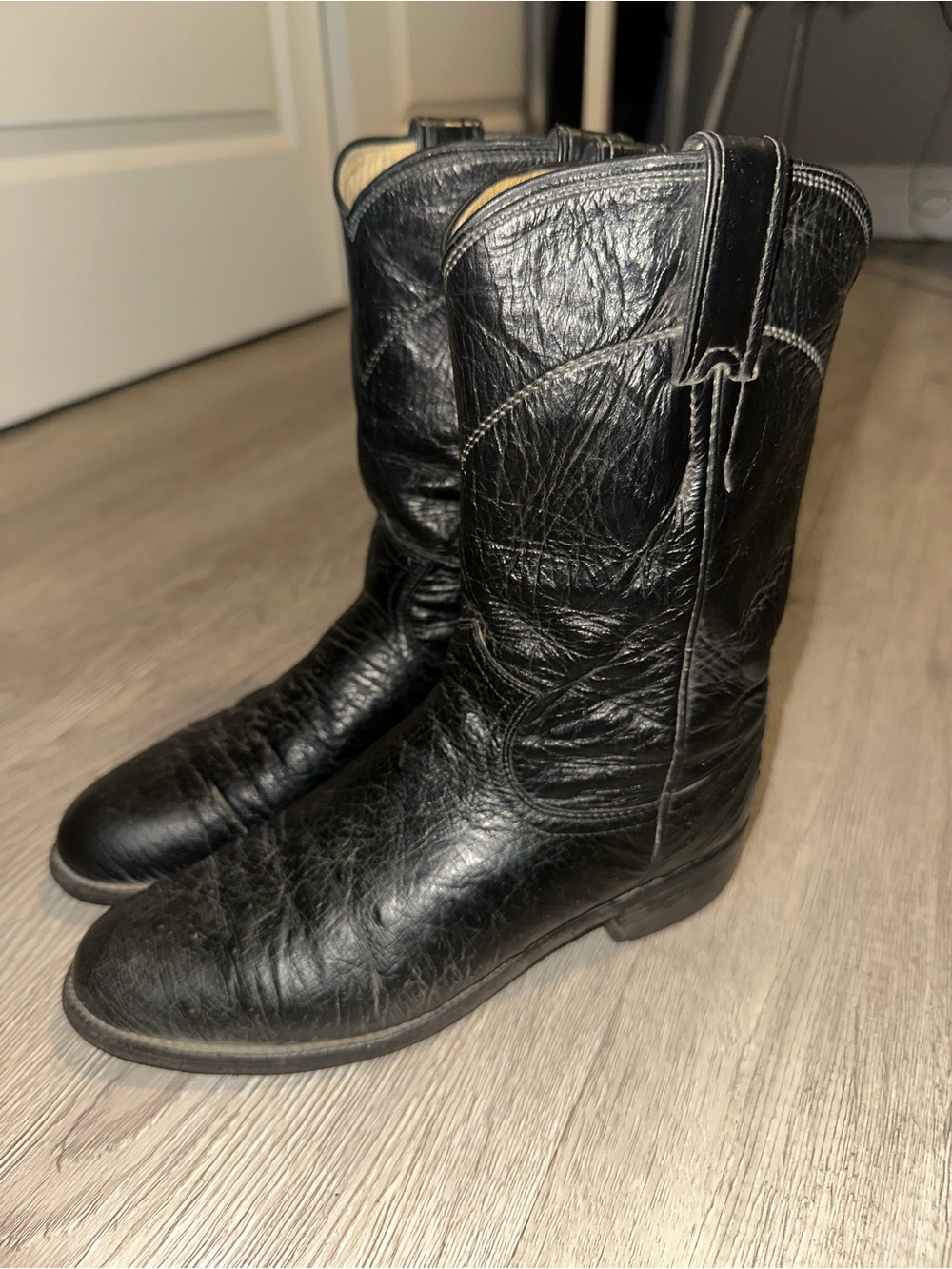 Justin Black Smooth Ostrich Roper Cowboy Western Leather Boots Men’s Sz 6 B